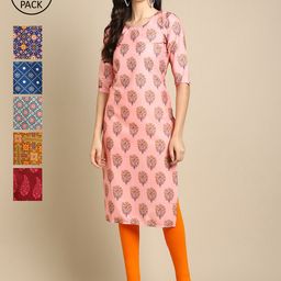 7threads KALINI PACK OF 6 Women Ethnic Motifs Printed Summer Sheers Crepe Kurta-picture-44