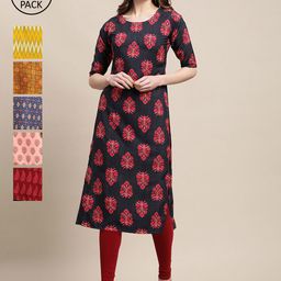 7threads KALINI Women Pack of 6 Red & Black Ethnic Motifs Printed Crepe Straight Kurtas-picture-30