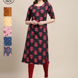 7threads KALINI PACK OF 6 Women Yellow & Blue Ethnic Motifs Printed Summer Sheers Crepe Kurta-picture-24