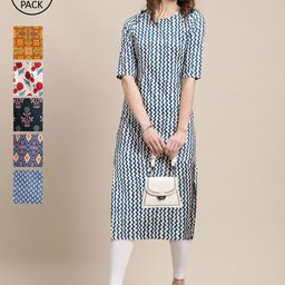 7Threads Women Pack Of 6 Geometric Printed Block Print Crepe Kurta-picture-30