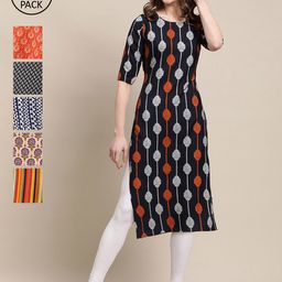 7threads KALINI Women Pack of 6 Geometric Printed Summer Sheers Crepe Kurta-picture-49