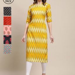 7threads KALINI Pack of 6 Women Peach-Coloured & Black Ethnic Motifs Printed Crepe Kurta-picture-35