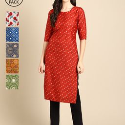 7threads KALINI Women Pack Of 6 Geometric Printed Block Print Crepe Kurta-picture-48