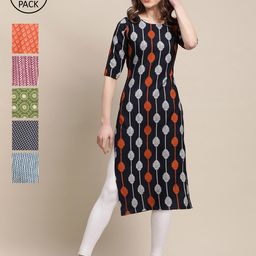 7threads KALINI Women Pack of 6 Geometric Printed Summer Sheers Crepe Kurta-picture-27