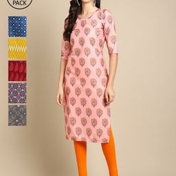 7threads KALINI Women Pack Of 6 Multicoloured Ethnic Motifs Printed Summer Sheers Crepe Kurta-picture-36