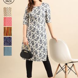 7threads KALINI Pack Of 6 Women Geometric Printed Mirror Work Block Print Crepe Kurta-picture-48