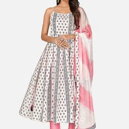 Vbuyz Women White Printed Empire Mirror Work Pure Cotton Kurta with Trousers & Dupatta-picture-47