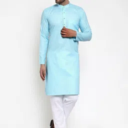 Jompers Men Turquoise  Blue & White Cotton Blend Kurta with Pyjamas-picture-14