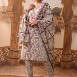 Vishudh Cream Floral Printed Regular Pure Cotton Kurta with Trouser & Dupatta-picture-5