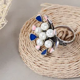 ATIBELLE Silver-Plated Blue & White Pearl Studded Adjustable Finger Ring-picture-35