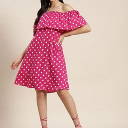 Qurvii Pink & White Off-Shoulder Layered Crepe A-Line Dress-picture-35