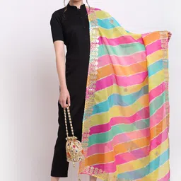 SOUNDARYA Multicoloured Striped Pure Cotton Leheriya Dupatta with Gotta Patti-picture-12