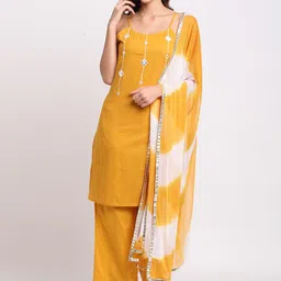 Rajnandini Yellow & White Mirror Embroidered Pure Cotton Kurta with Palazzos & Dupatta-picture-17