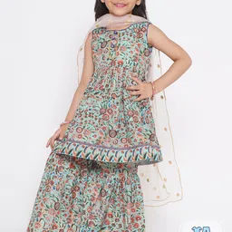 Little Bansi Girls Floral Printed Regular Pure Silk Kurta & Sharara With Dupatta-picture-17