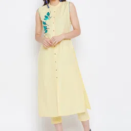 Bitterlime Women Yellow Embroidered Regular Sleeveless Kurta with Trousers-picture-26