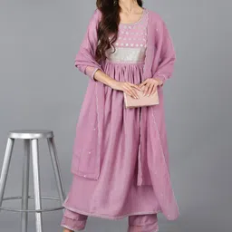 AHIKA Floral Yoke Design Sequinned Kurta With Trousers & Dupatta-image-0