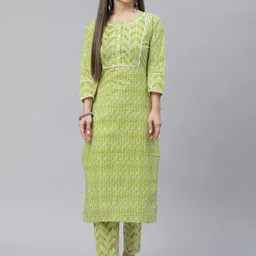 Indibelle Floral Printed Regular Pure Cotton Straight Kurta with Trousers-image-61