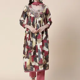 FASHOR Brown & Pink Abstract Printed Mirror Work Pure Cotton Kurta with Trousers & Dupatta-picture-28