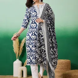 Vastramyaa Abstract Printed Thread Work Pure Cotton Straight Kurta With Trousers & Dupatta-picture-20