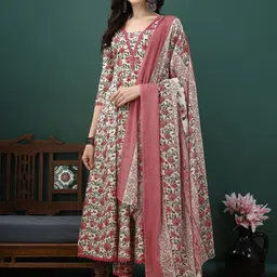 KALINI Floral Printed Pure Cotton Anarkali Kurta With Trousers & Dupatta image 1