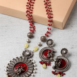 ZENEME Silver-Plated Stone Studded & Beaded Antique Jewellery Set-picture-25