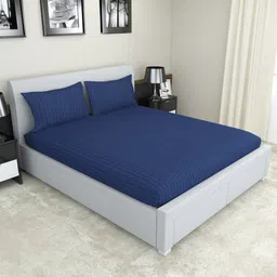 Nendle Navy Blue Striped 300 TC Cotton Fitted King Bedsheet With 2 Pillow Covers-picture-20