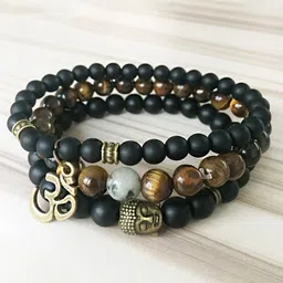 Yellow Chimes Set Of 3 Black & Brown Gold-Toned Beads Buddha Elasticated Bracelet-picture-19
