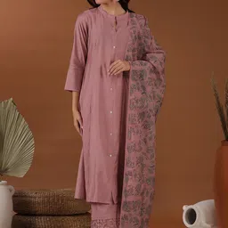 Inddus Mandarin Collar A Line Kurta & Trousers With Dupatta-picture-17