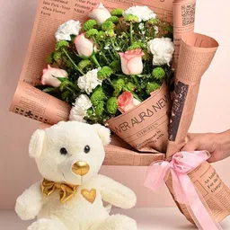 Floweraura Pink 15 Pieces Flower Bouquet Roses & Carnation Stems Of Daisy With Teddy-picture-44