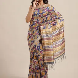 Saree mall Yellow & Blue Printed Handloom Bhagalpuri Saree-picture-15