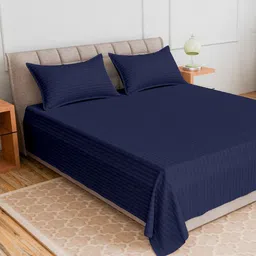CURIOUS LIFESTYLE Navy Blue Striped 300 TC Single Bedsheet with 1 Pillow Covers-image-1