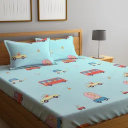 FABINALIV Blue & Red Cartoon Characters 300 TC Fitted King Bedsheet & 2 Pillow Covers-picture-37