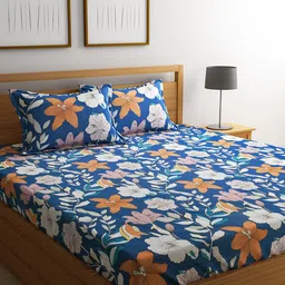 URBAN DREAM Blue & Brown Printed 210 TC Cotton Queen Bedsheet with 2 Pillow Covers-image-11