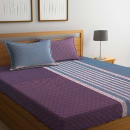 Arrabi Blue & Purple Geometric Printed Cotton 300 TC King Bedsheet With 2 Pillow Covers-picture-15