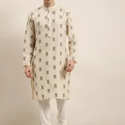 SOJANYA Men Beige & Black Ikat Woven Design Pure Cotton Kurta with Churidar-picture-32
