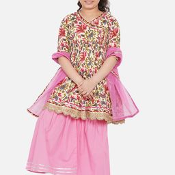Little Bansi Girls Off-White & Pink Ethnic Motifs Angrakha Kurta with Sharara & Dupatta-picture-44