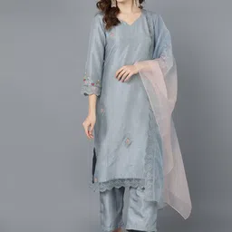 AHIKA Women Grey Embroidered Kurta with Trousers & With Dupatta-picture-35