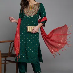 VredeVogel Floral Embroidered Thread Work Kurta With Trousers & Dupatta-picture-19