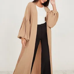 Styli Crinkle Knit Puff Sleeves Open Front Longline Shrug-picture-35