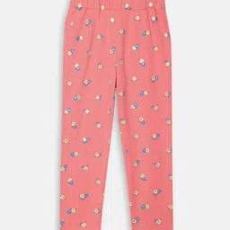 ELLE Girls Coral-Pink & Yellow Printed Pure Cotton Ankle-Length Leggings-picture-20