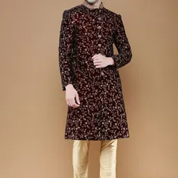 here&now x sanwara Sanwara Velvet Floral Embroidered Sherwani & Pyjamas-picture-32