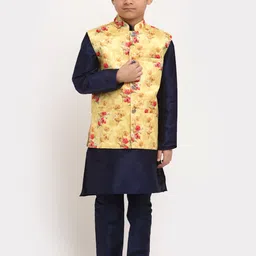 KRAFT INDIA Boys Navy Blue Floral Dupion Silk Kurta with Pyjamas & Nehru Jacket-picture-27