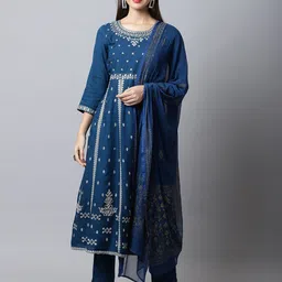 Rajnandini Women Blue Ethnic Motifs Printed Layered Kurti with Trousers & With Dupatta-image-71