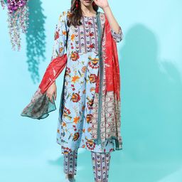 Vishudh Women Blue Floral Pure Cotton Kurta with Trouser & Dupatta-picture-1