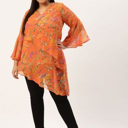 theRebelinme Plus Size Orange & Green Floral Print Georgette Asymmetric Longline Wrap Top-picture-44