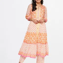 Global Desi Women Orange Floral Printed Pure Cotton Kurta with Trousers-image-22