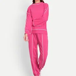 iki chic Women Pink & White Cotton Piping Highlight Jogger Set-image-83
