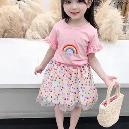 YK Girls Printed Round Neck Short Sleeves Pure Cotton Top With Skirt-image-19