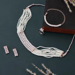 ATIBELLE Rose Gold-Plated CZ-Studded & Beaded Choker Jewellery Set-image-4