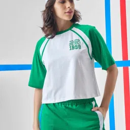 TOKYO TALKIES Women White Green Colorblock Raglan Sleeve Graphic T-Shirt-picture-10